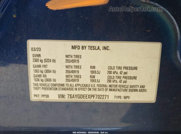 7SAYGDEEXPF702271 2023 TESLA MODEL Y Dark Blue Вид підкапотного простору