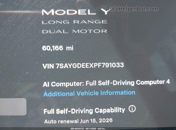 7SAYGDEEXPF791033 2023 TESLA MODEL Y Белый Панорамный вид салона 360°