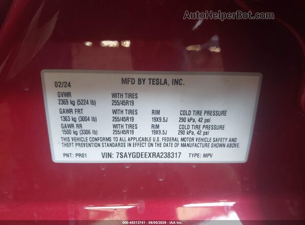 7SAYGDEEXRA238317 2024 TESLA MODEL Y Red 