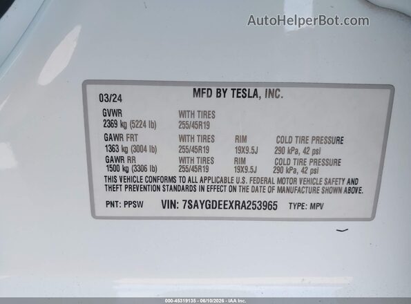 7SAYGDEEXRA253965 2024 TESLA MODEL Y White Շարժիչի բաժամունքի տեսք