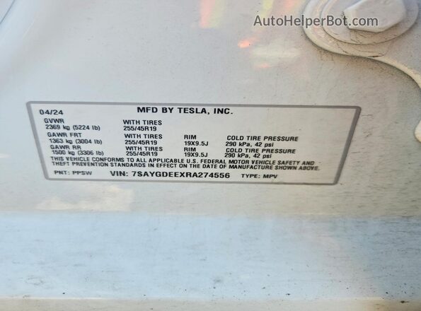 7SAYGDEEXRA274556 2024 TESLA MODEL Белый Панорамный вид салона 360°
