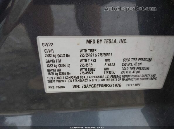 7SAYGDEF0NF381976 2022 TESLA MODEL Y Gray Вид підкапотного простору