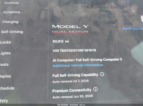 7SAYGDEF0NF381976 2022 TESLA MODEL Y Gray 