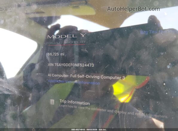 7SAYGDEF0NF524473 2022 TESLA MODEL Y Белый Вид задних сидений