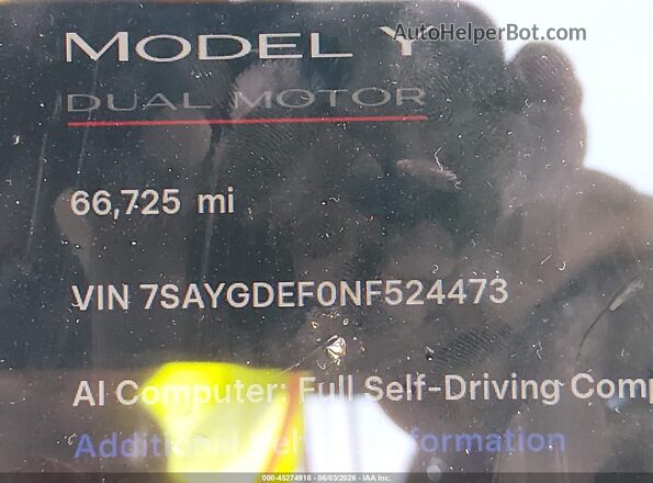 7SAYGDEF0NF524473 2022 TESLA MODEL Y Белый 