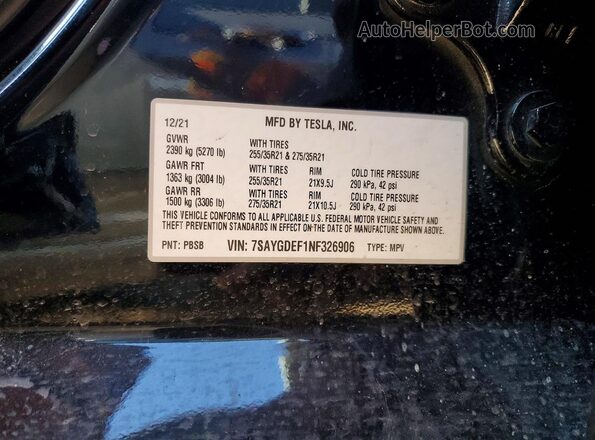 7SAYGDEF1NF326906 2022 TESLA MODEL Black VIN sticker view