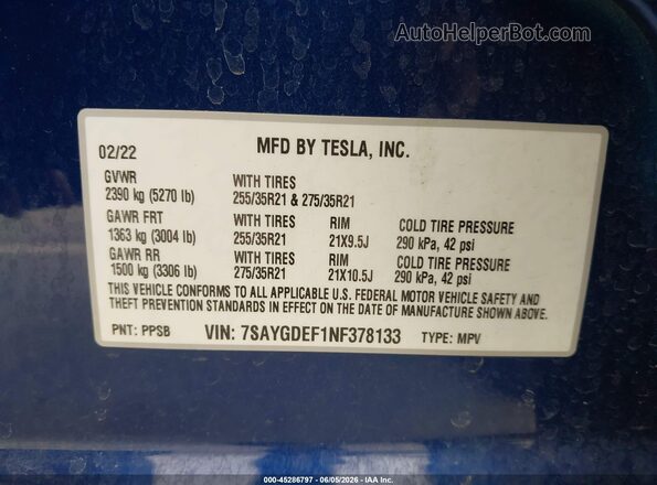 7SAYGDEF1NF378133 2022 TESLA MODEL Y Синий Вид подкапотного пространства