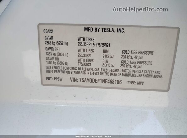 7SAYGDEF1NF468186 2022 TESLA MODEL Y White ძრავის განყოფილების ხედი