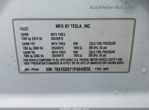 7SAYGDEF1PA049058 2023 TESLA MODEL Y White 