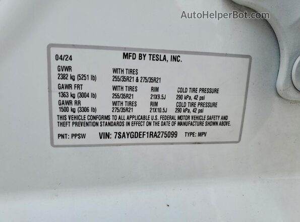 7SAYGDEF1RA275099 2024 TESLA MODEL White Vista del compartimento del motor