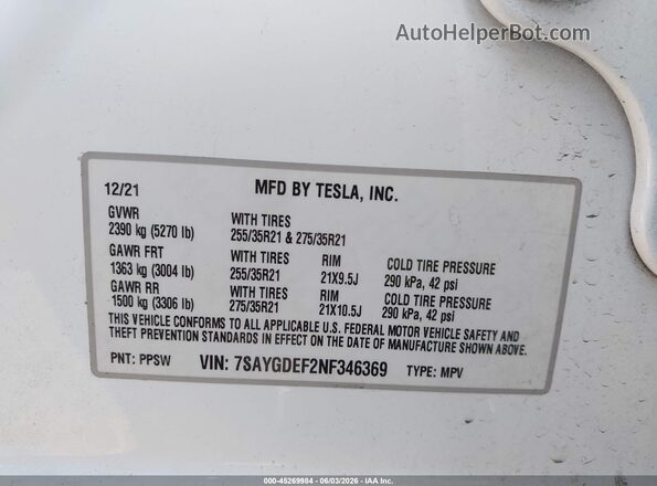 7SAYGDEF2NF346369 2022 TESLA MODEL Y White Շարժիչի բաժամունքի տեսք