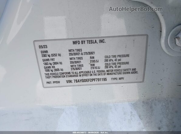 7SAYGDEF2PF791195 2023 TESLA MODEL Y White Engine compartment view