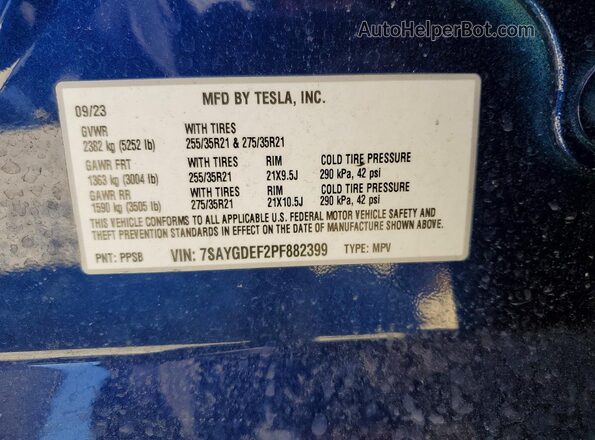 7SAYGDEF2PF882399 2023 TESLA MODEL Blue Widok naklejki z numerem VIN