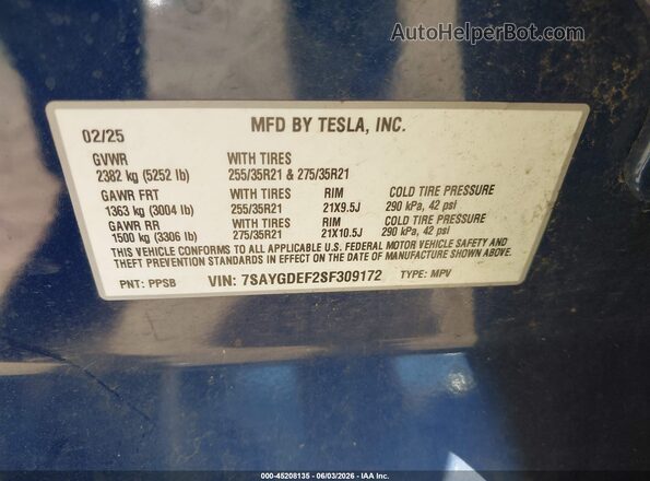 7SAYGDEF2SF309172 2025 TESLA MODEL Y Синий 