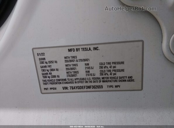 7SAYGDEF3NF362659 2022 TESLA MODEL Y White Շարժիչի բաժամունքի տեսք