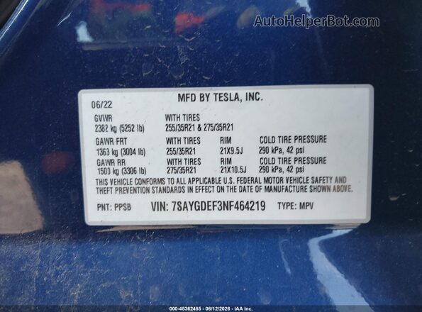 7SAYGDEF3NF464219 2022 TESLA MODEL Y Blue Շարժիչի բաժամունքի տեսք