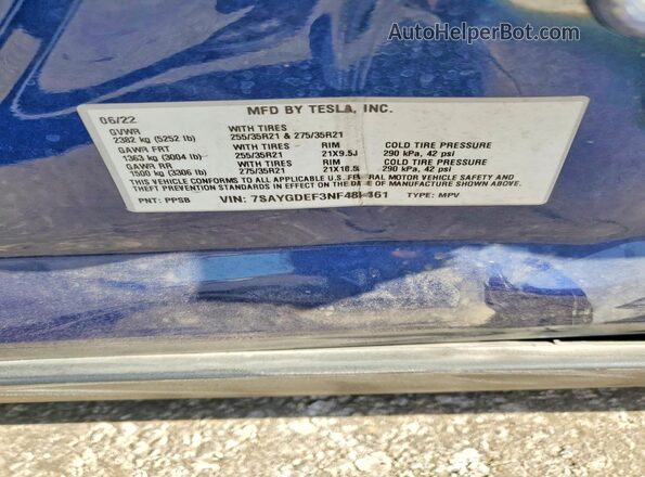 7SAYGDEF3NF489461 2022 TESLA MODEL Blue VIN կոդի պիտակի տեսք