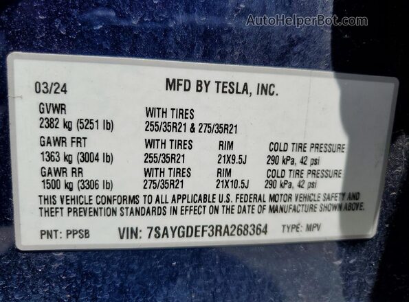 7SAYGDEF3RA268364 2024 TESLA MODEL Blue Widok komory silnika