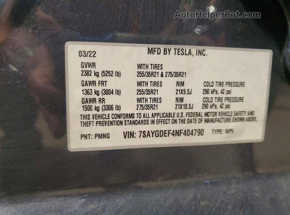 7SAYGDEF4NF404790 2022 TESLA MODEL Gray VIN კოდის სტიკერის ხედი