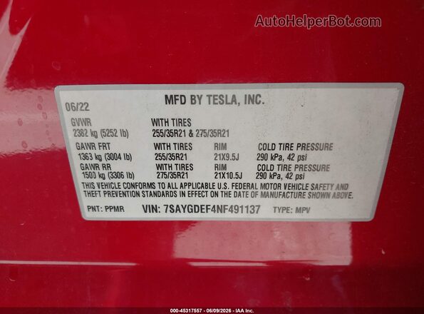 7SAYGDEF4NF491137 2022 TESLA MODEL Y Красный Вид подкапотного пространства
