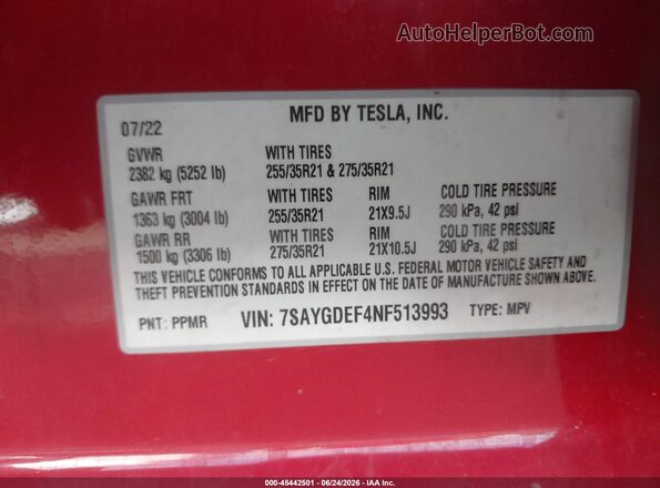 7SAYGDEF4NF513993 2022 TESLA MODEL Y Red Engine compartment view