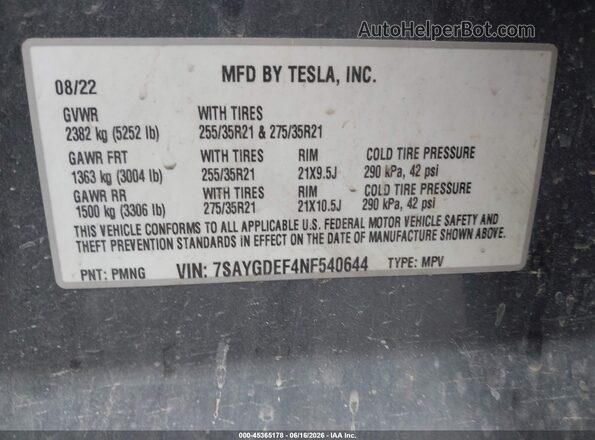 7SAYGDEF4NF540644 2022 TESLA MODEL Y Gray Vista del compartimento del motor
