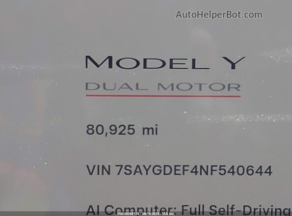 7SAYGDEF4NF540644 2022 TESLA MODEL Y Gray 