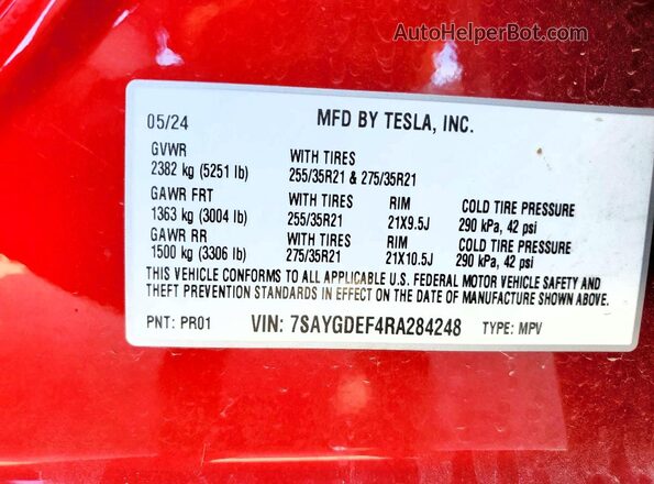 7SAYGDEF4RA284248 2024 TESLA MODEL Red ძრავის განყოფილების ხედი