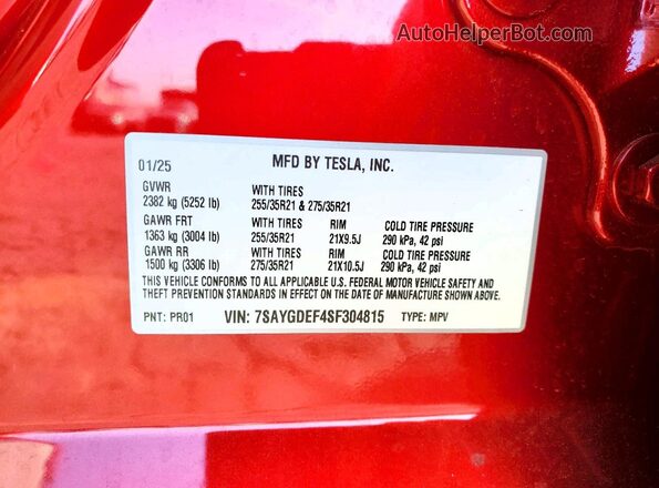 7SAYGDEF4SF304815 2025 TESLA MODEL Red 