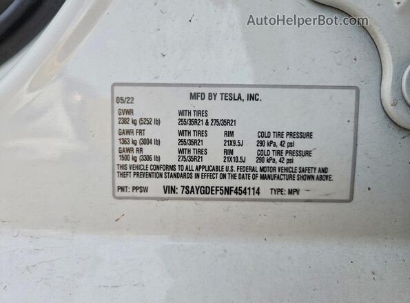7SAYGDEF5NF454114 2022 TESLA MODEL White Vista del compartimento del motor