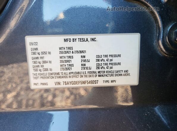 7SAYGDEF5NF549207 2022 TESLA MODEL Gray Вид наклейки з VIN-кодом