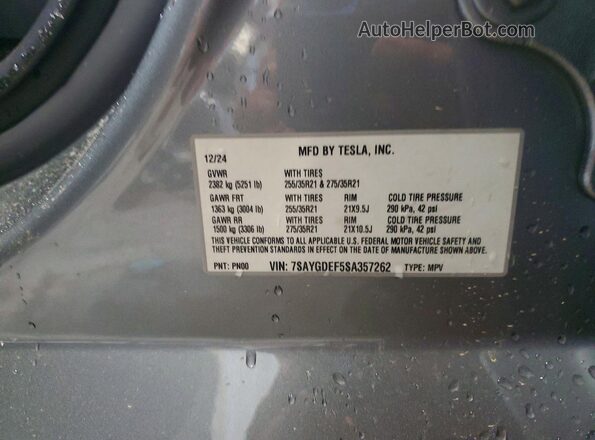 7SAYGDEF5SA357262 2025 TESLA MODEL Gray VIN sticker view