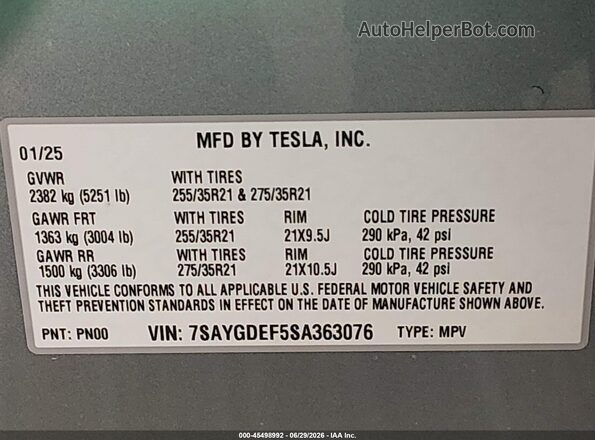 7SAYGDEF5SA363076 2025 TESLA MODEL Y Gray Vista del compartimento del motor