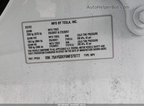 7SAYGDEF6NF379777 2022 TESLA MODEL Y White Engine compartment view