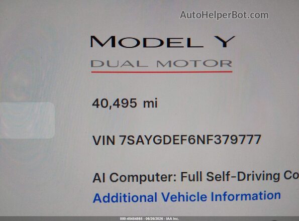 7SAYGDEF6NF379777 2022 TESLA MODEL Y White 