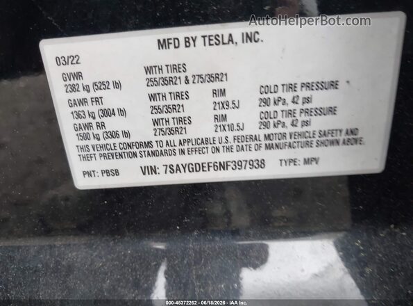 7SAYGDEF6NF397938 2022 TESLA MODEL Y Черный Вид наклейки с VIN-кодом