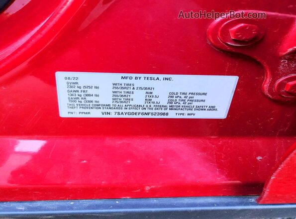 7SAYGDEF6NF523988 2022 TESLA MODEL Red Vista de la etiqueta del VIN