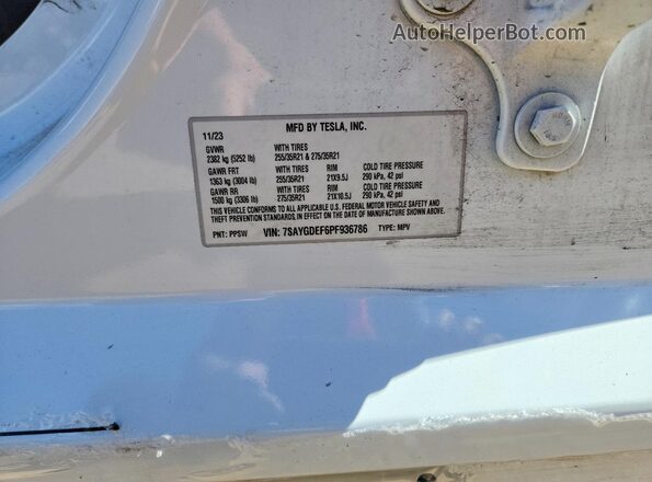 7SAYGDEF6PF936786 2023 TESLA MODEL White VIN կոդի պիտակի տեսք
