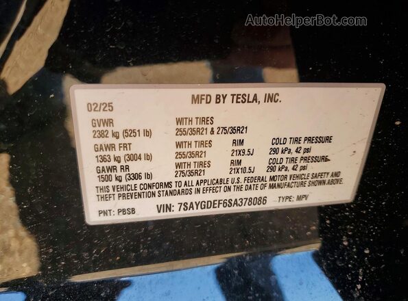 7SAYGDEF6SA378086 2025 TESLA MODEL White VIN კოდის სტიკერის ხედი
