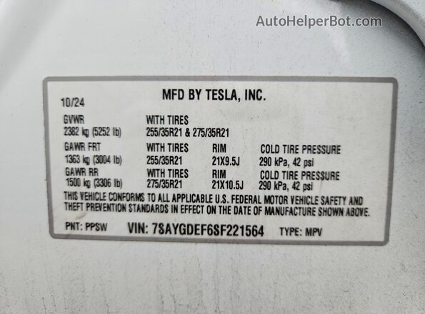 7SAYGDEF6SF221564 2025 TESLA MODEL White Vista de la etiqueta del VIN