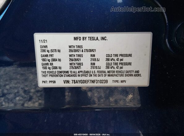 7SAYGDEF7NF310239 2022 TESLA MODEL Y Blue ძრავის განყოფილების ხედი