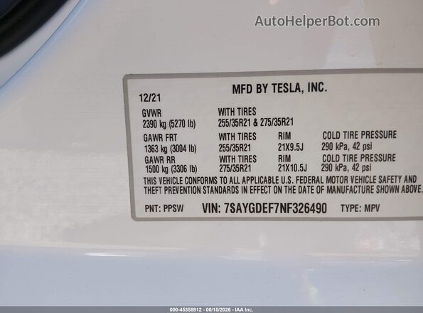 7SAYGDEF7NF326490 2022 TESLA MODEL Y White ძრავის განყოფილების ხედი