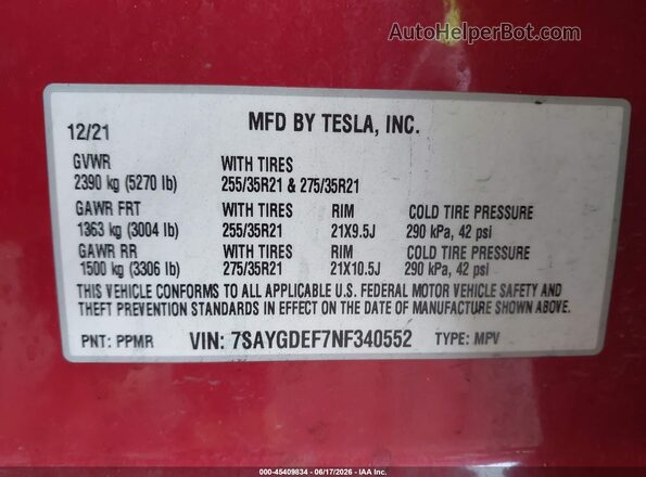 7SAYGDEF7NF340552 2022 TESLA MODEL Y Red Engine compartment view