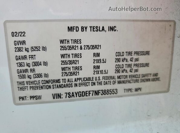 7SAYGDEF7NF388553 2022 TESLA MODEL White 