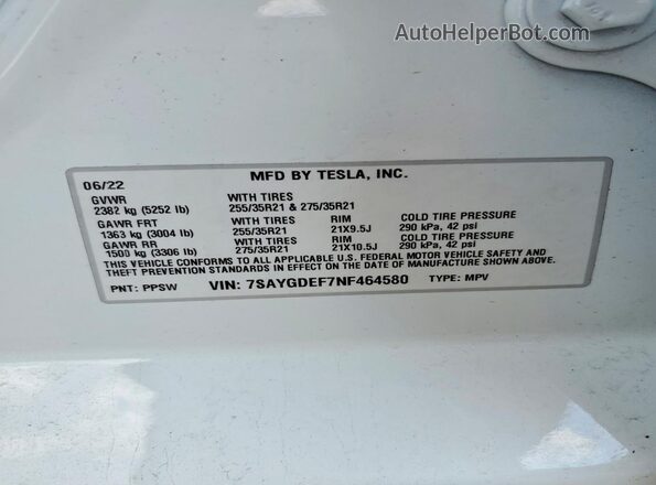 7SAYGDEF7NF464580 2022 TESLA MODEL White Вид наклейки з VIN-кодом