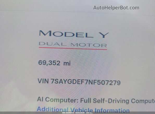 7SAYGDEF7NF507279 2022 TESLA MODEL Y White 