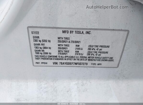 7SAYGDEF7NF507279 2022 TESLA MODEL Y White ძრავის განყოფილების ხედი