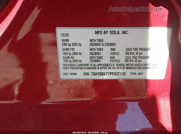 7SAYGDEF7PF632110 2023 TESLA MODEL Y Красный Вид подкапотного пространства