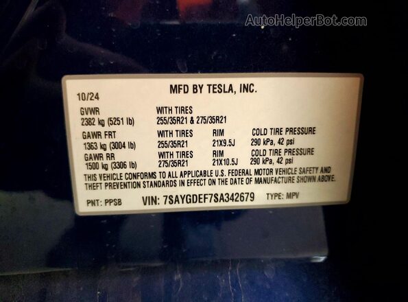 7SAYGDEF7SA342679 2025 TESLA MODEL Blue 360 interior view