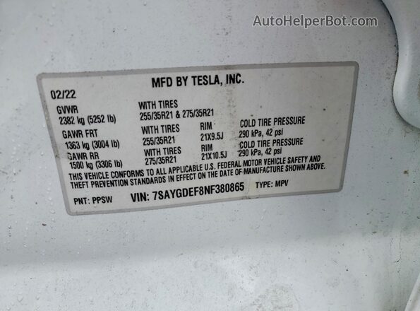 7SAYGDEF8NF380865 2022 TESLA MODEL White ძრავის განყოფილების ხედი